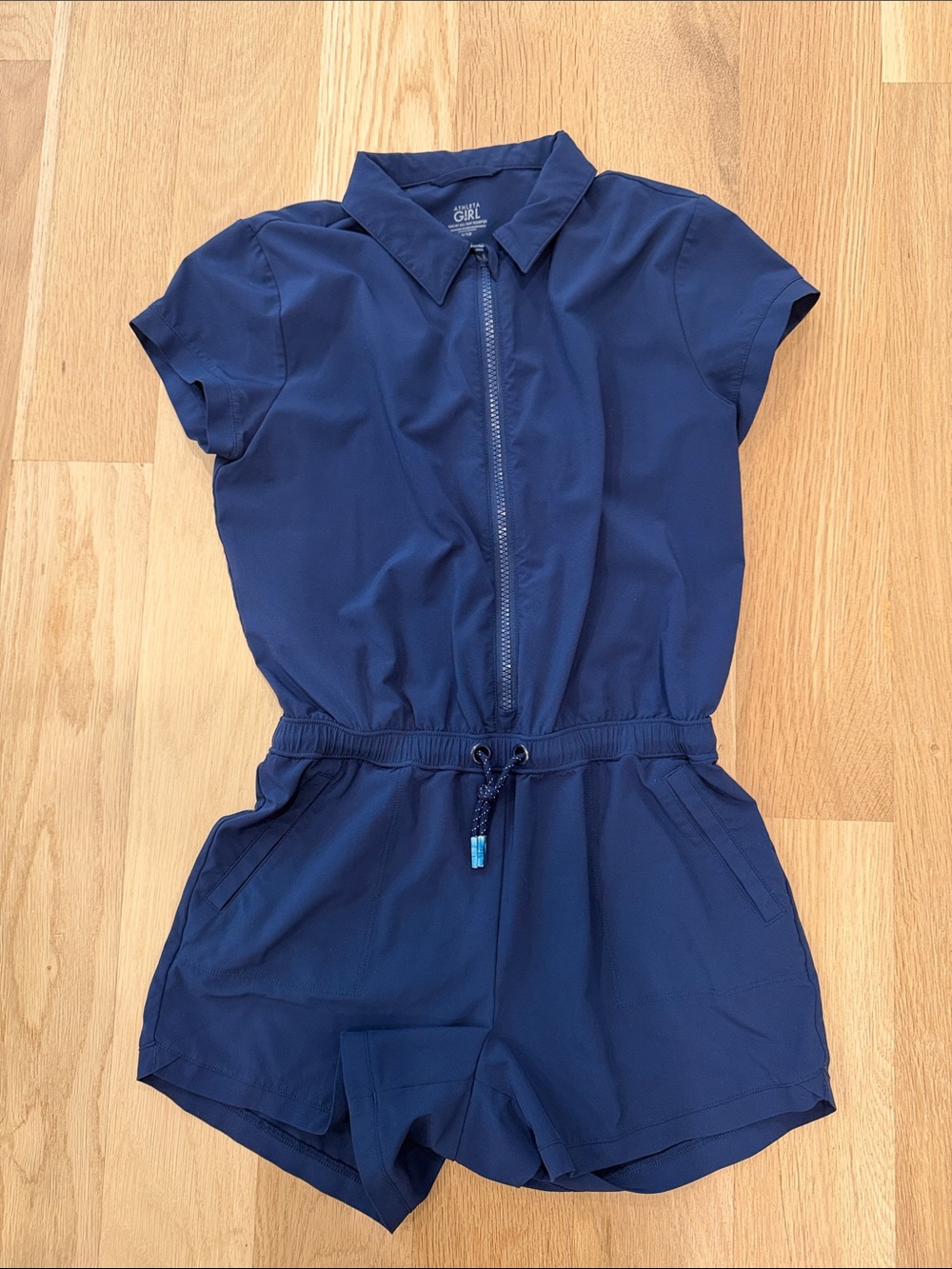 Athleta Navy Short-Sleeve Zip Romper